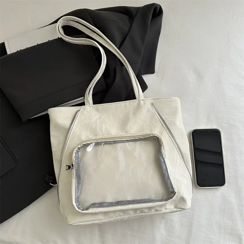 Women's Transparent Pocket Tote Bag Cream Large Capacity - Image 3