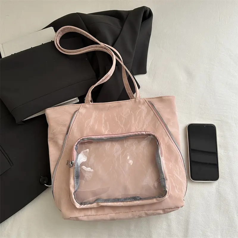 Women's Transparent Pocket Tote Bag Cream Large Capacity - Image 4
