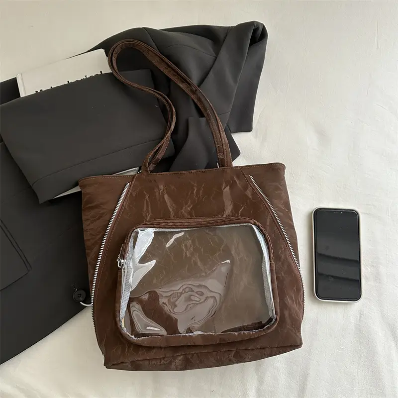 Women's Transparent Pocket Tote Bag Cream Large Capacity - Image 5