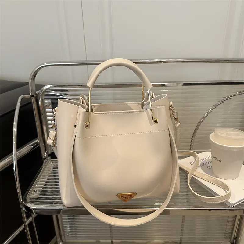 Women's 2025 New Arrival Bucket Bag Beige Leather - Image 2