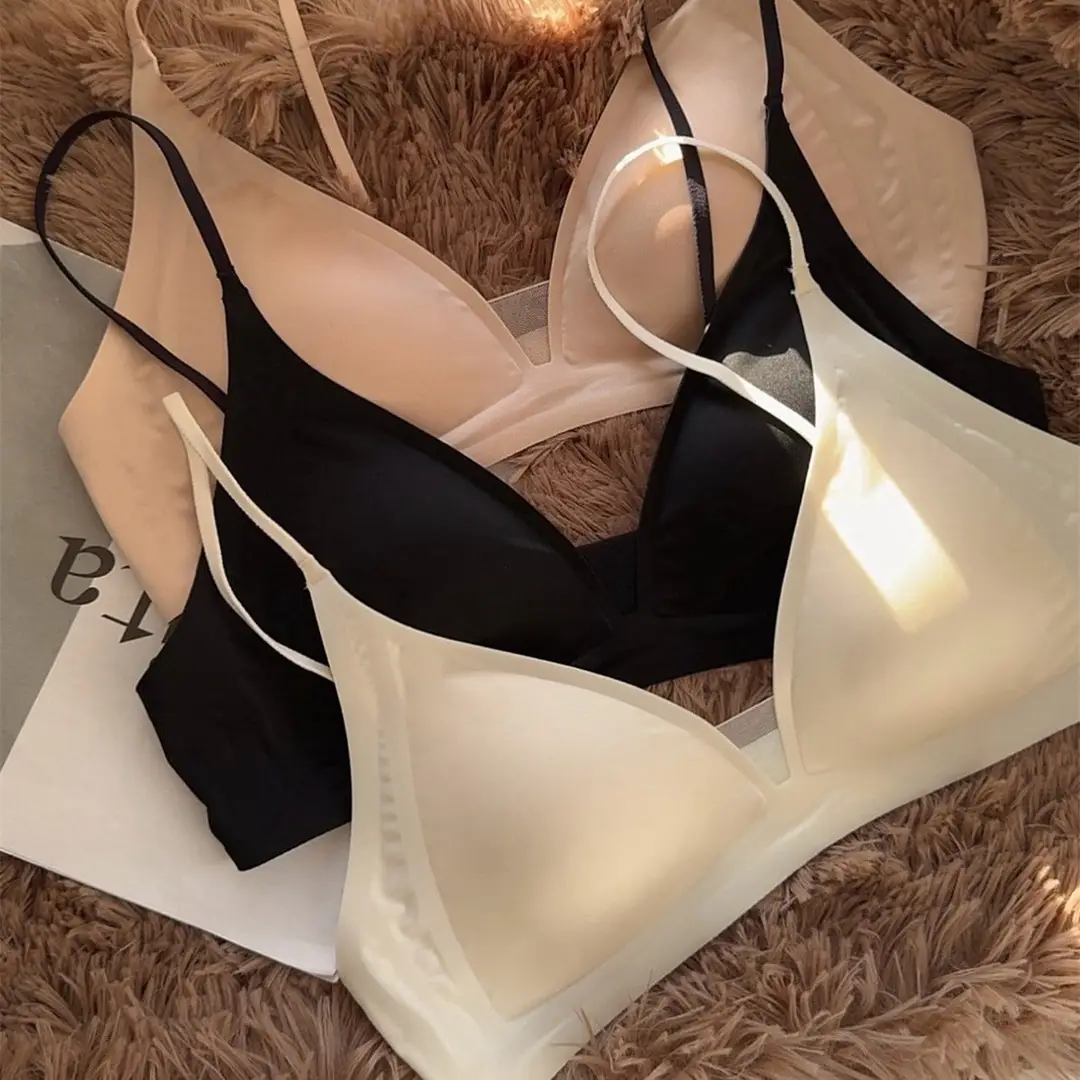 Original French Style Glow Satin Traceless Small Chest Underwear Women's Deep V-Neck Thin Shoulder Strap Thin Ringless Bra for Summer