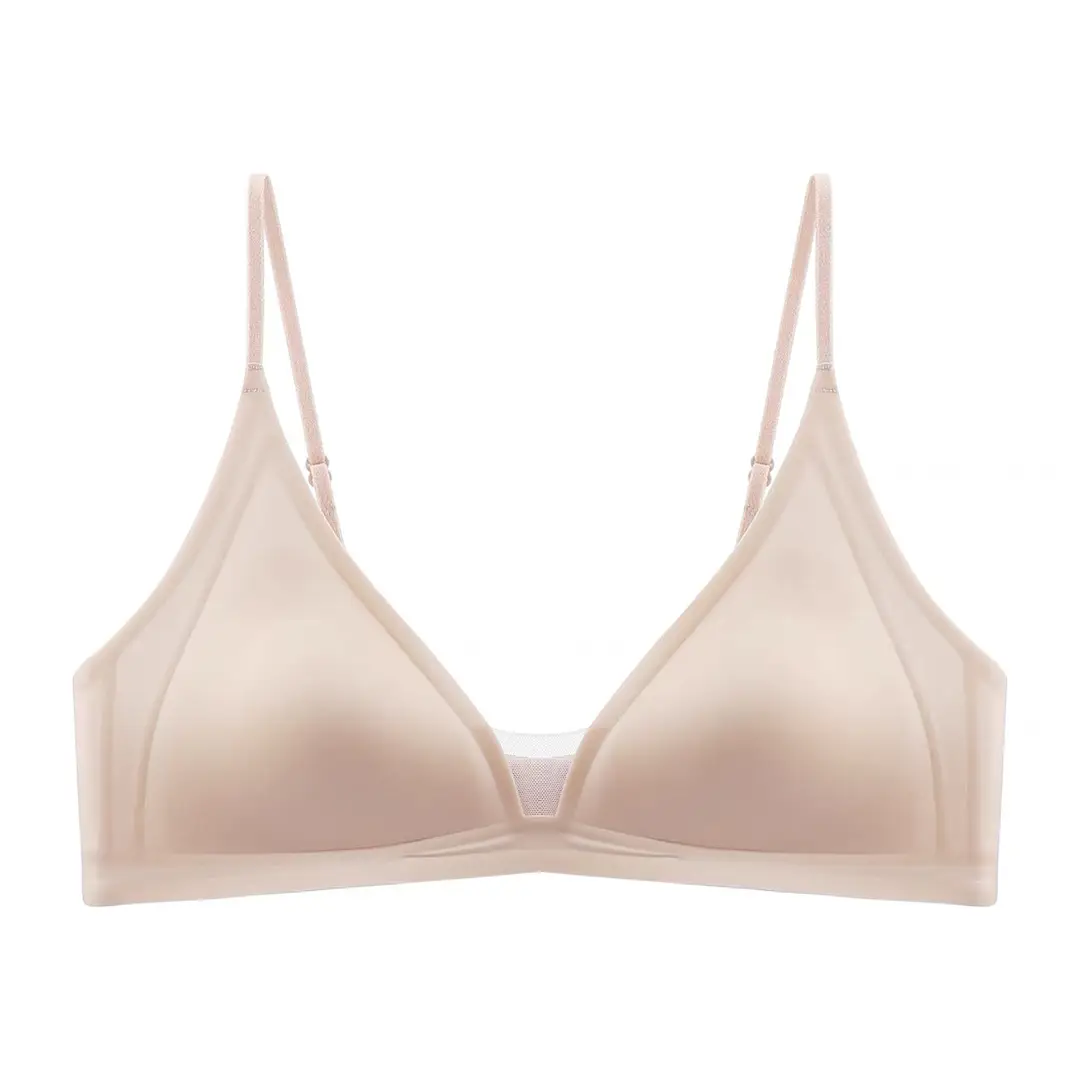 Original French Style Glow Satin Traceless Small Chest Underwear Women's Deep V-Neck Thin Shoulder Strap Thin Ringless Bra for Summer
