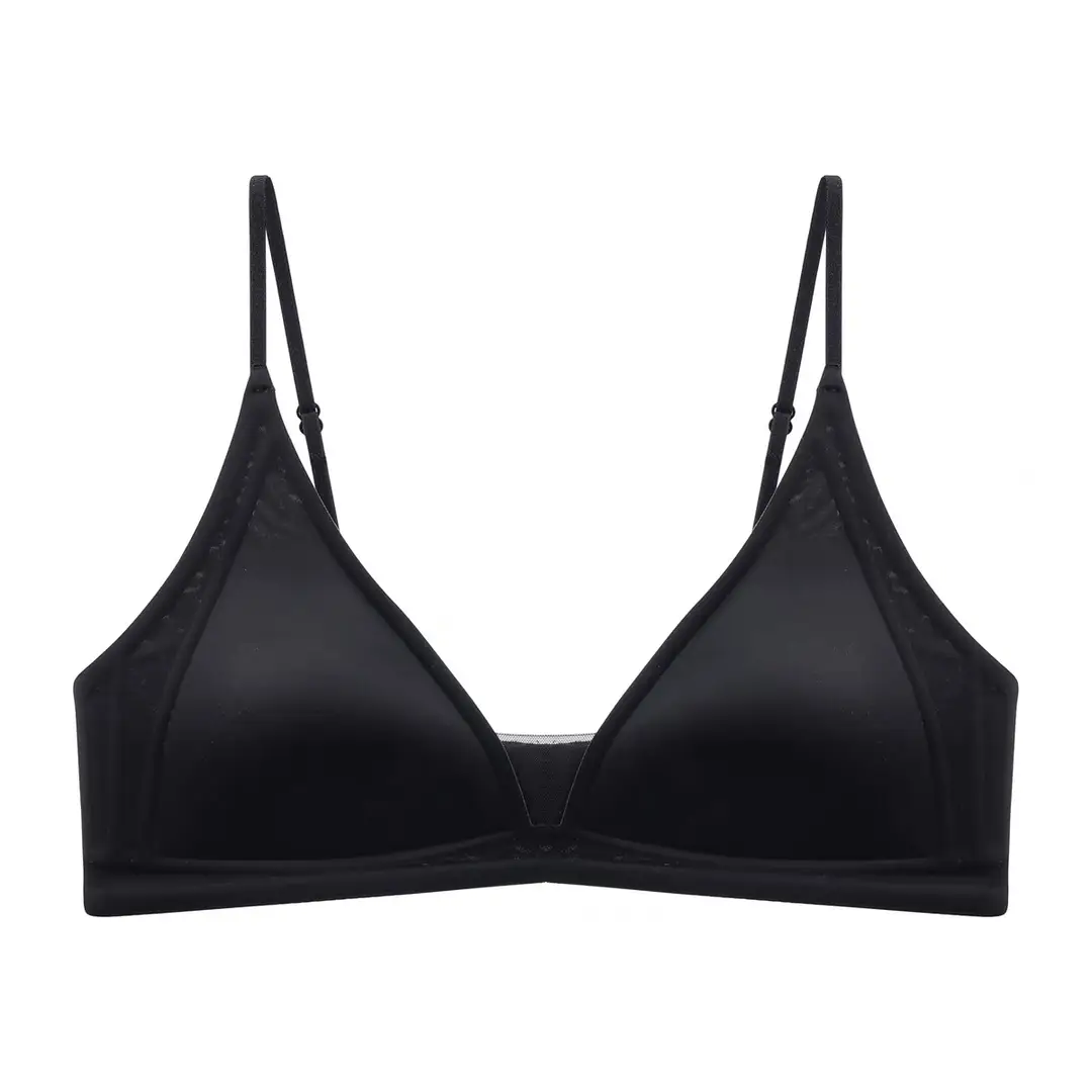 Original French Style Glow Satin Traceless Small Chest Underwear Women's Deep V-Neck Thin Shoulder Strap Thin Ringless Bra for Summer