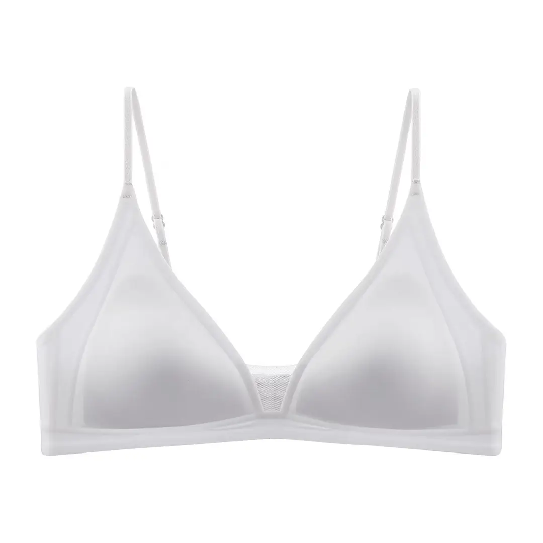 Original French Style Glow Satin Traceless Small Chest Underwear Women's Deep V-Neck Thin Shoulder Strap Thin Ringless Bra for Summer