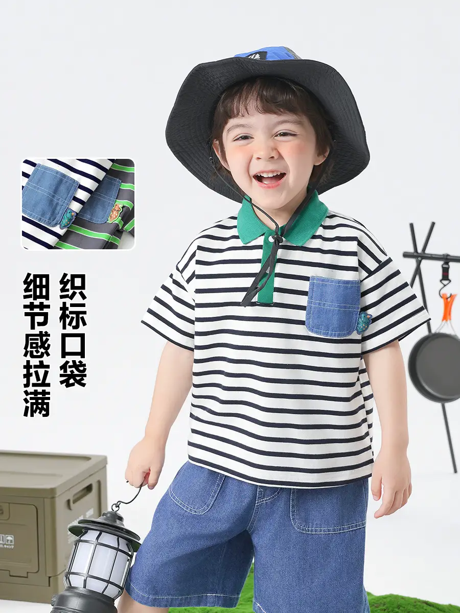 Boys T-Shirt Striped Cool Hat Summer Kids - Image 5