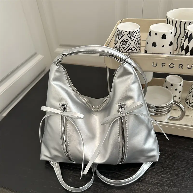 Silver Women's Large Capacity Bow Decor Shoulder Bag - Image 6
