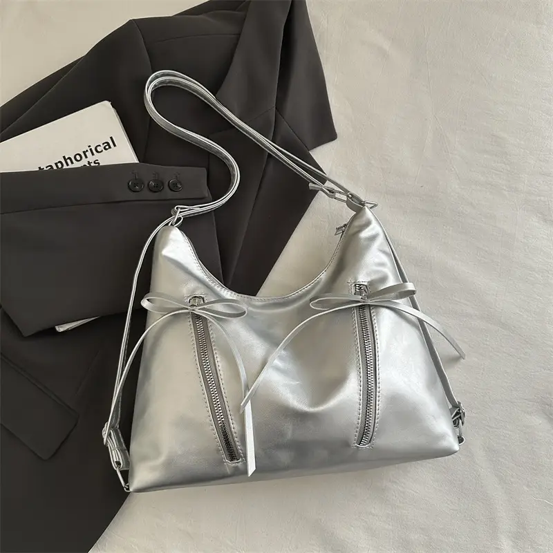Silver Women's Large Capacity Bow Decor Shoulder Bag - Image 4