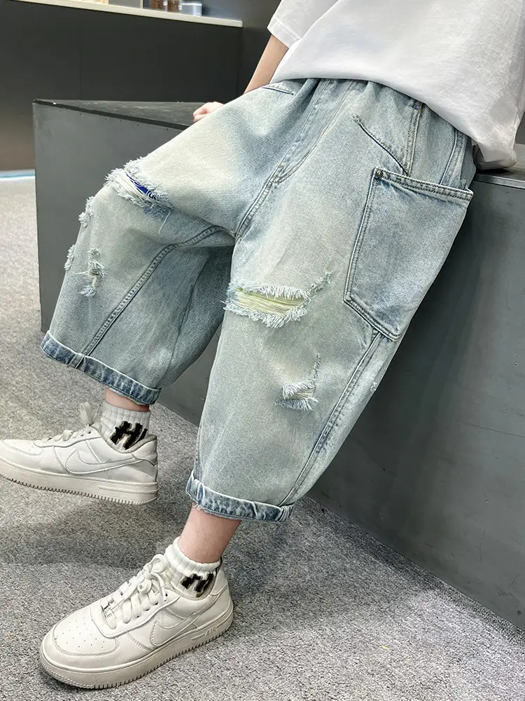 Boys Ripped Cropped Denim Shorts Light Blue - Image 3