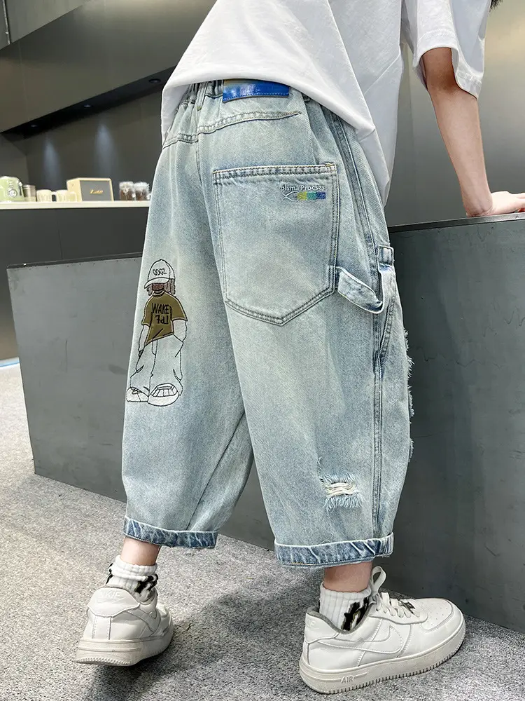Boys Ripped Cropped Denim Shorts Light Blue - Image 4