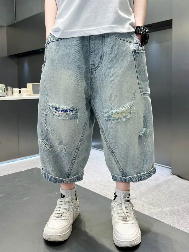 Boys Ripped Cropped Denim Shorts Light Blue - Image 5