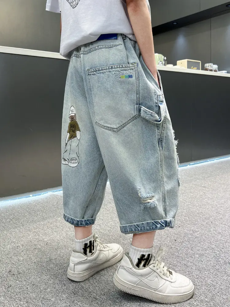 Boys Ripped Cropped Denim Shorts Light Blue - Image 6