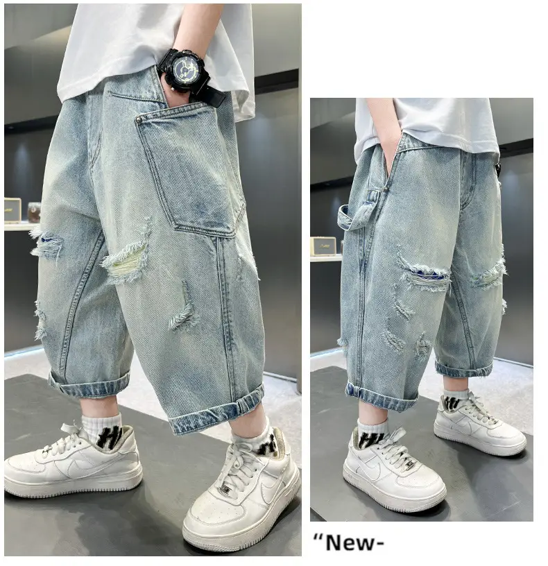 Boys Ripped Cropped Denim Shorts Light Blue — feature 10