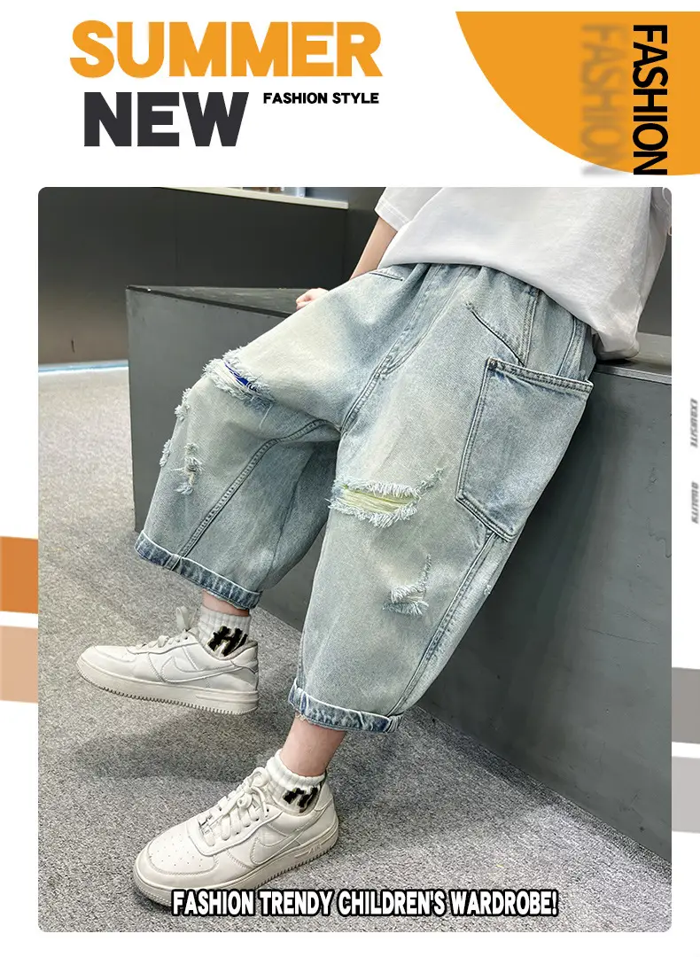 Boys Ripped Cropped Denim Shorts Light Blue — feature 2