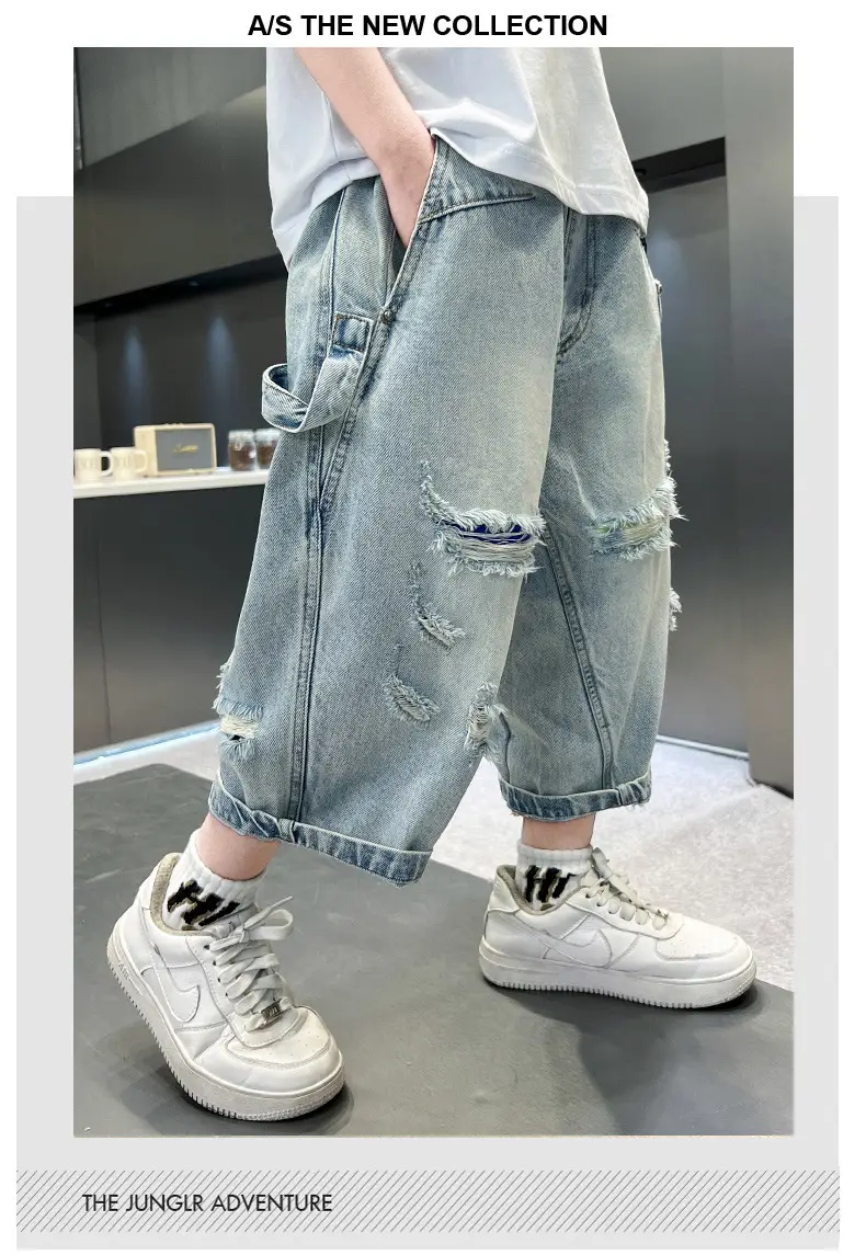Boys Ripped Cropped Denim Shorts Light Blue — feature 7