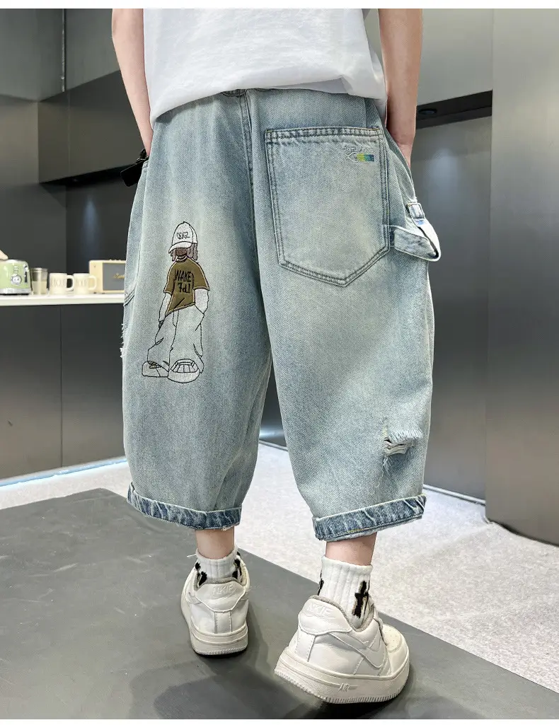 Boys Ripped Cropped Denim Shorts Light Blue — feature 8