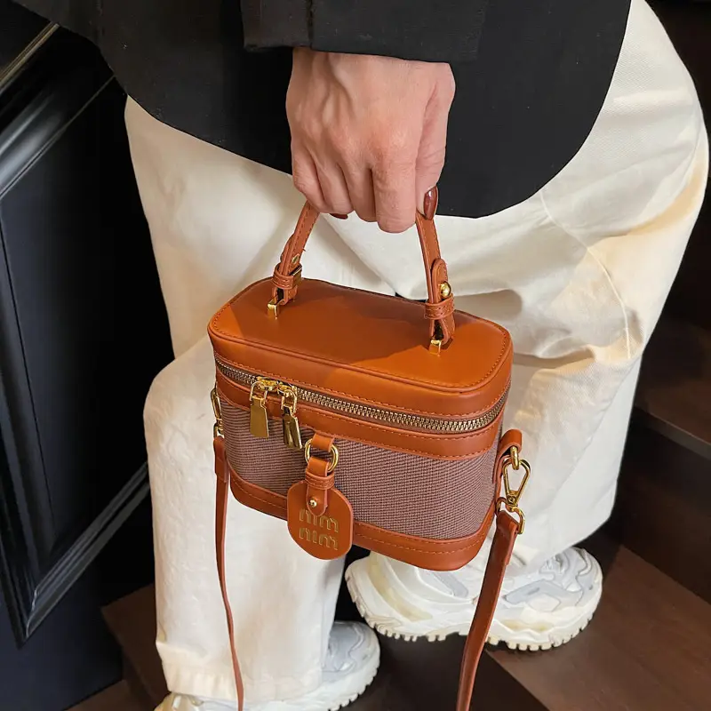 Women's Brown Contrast Zip Shoulder Crossbody Bag