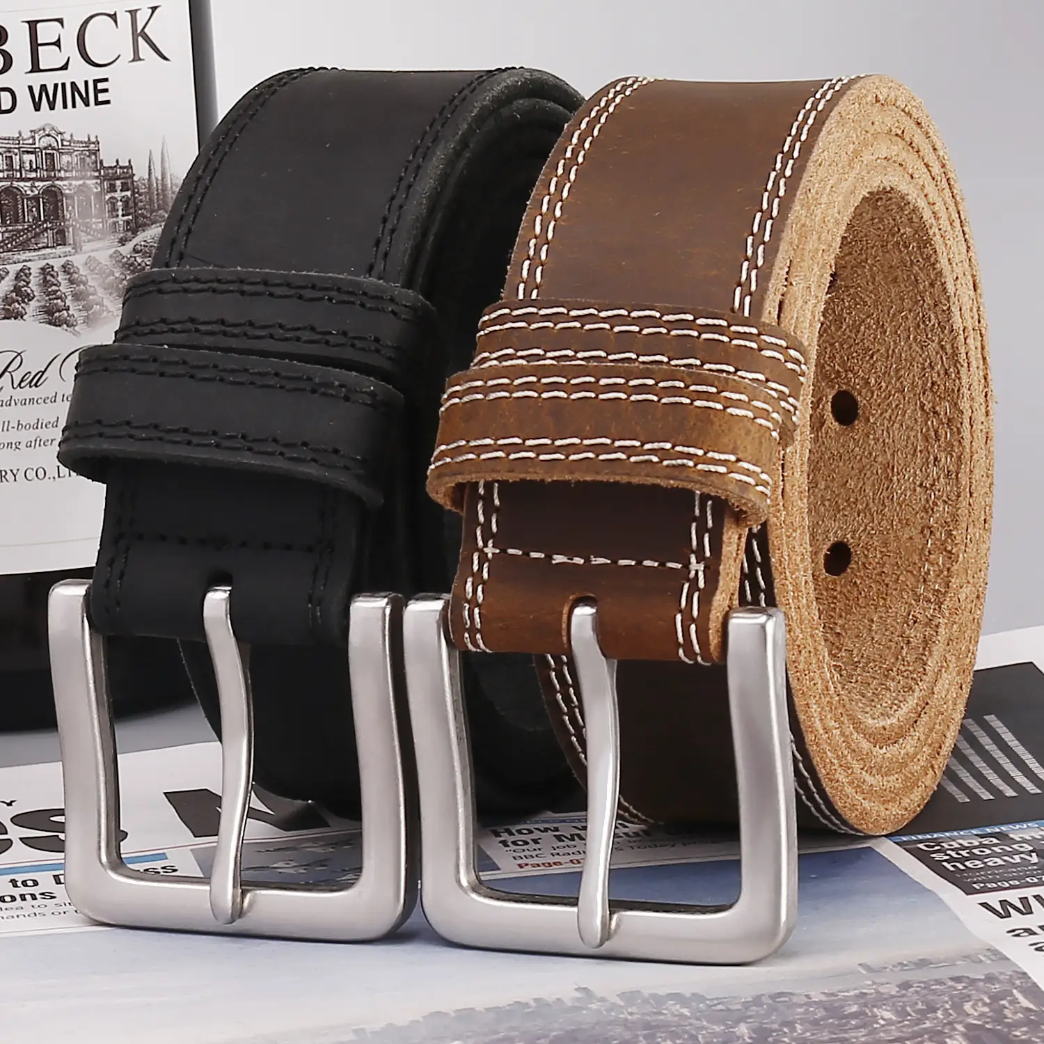 Men's Luxury Brown Genuine Leather Belt with Silver Buckle — feature 1