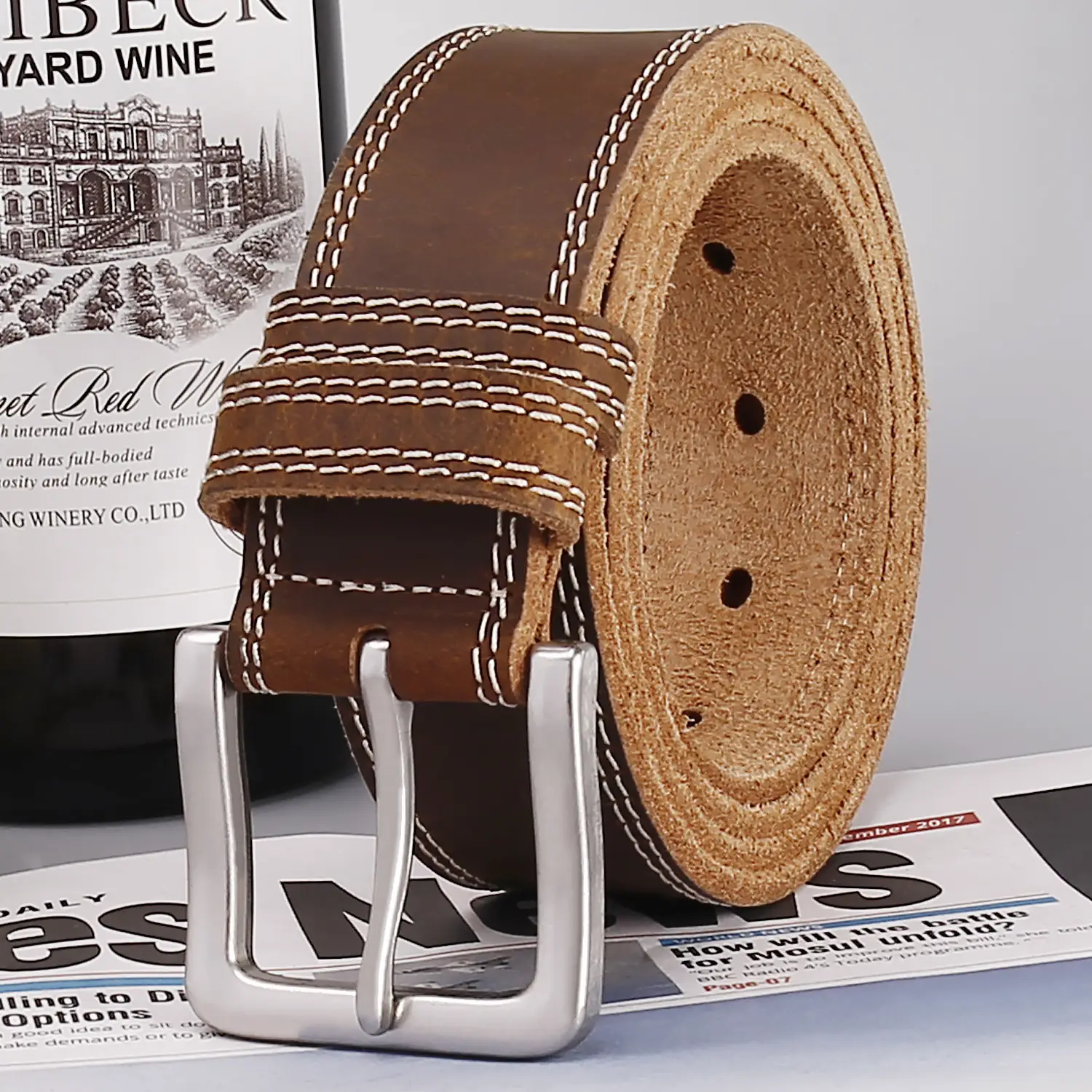 Men's Luxury Brown Genuine Leather Belt with Silver Buckle — feature 3