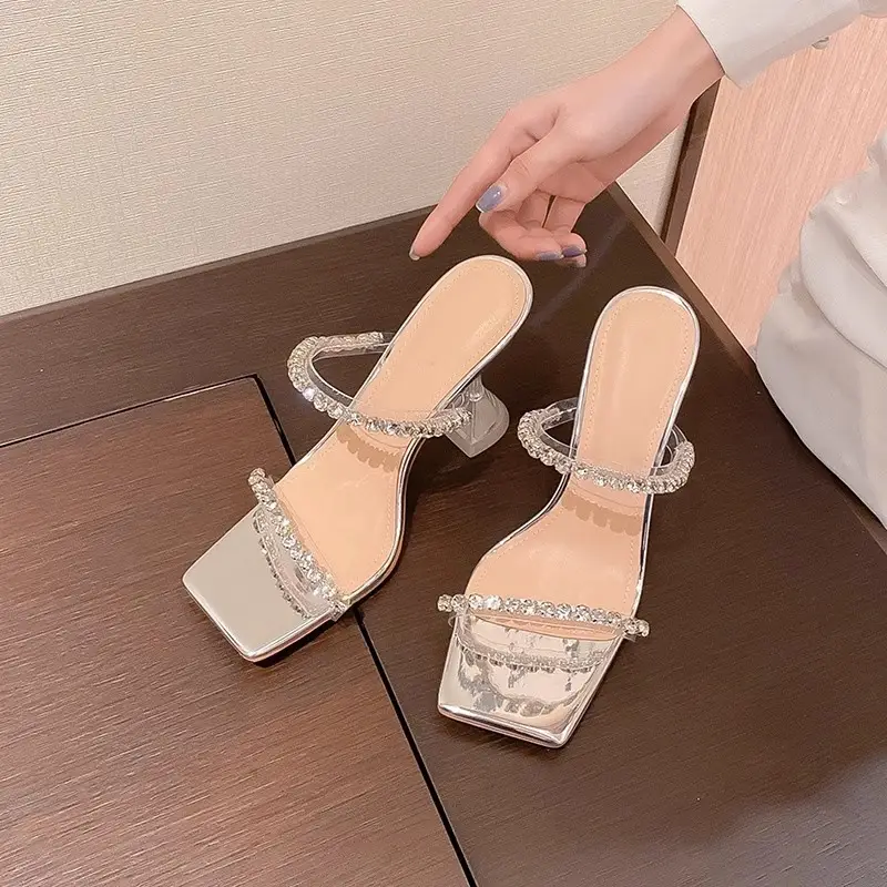 Square Toe Rhinestone Slippers 2025 Summer