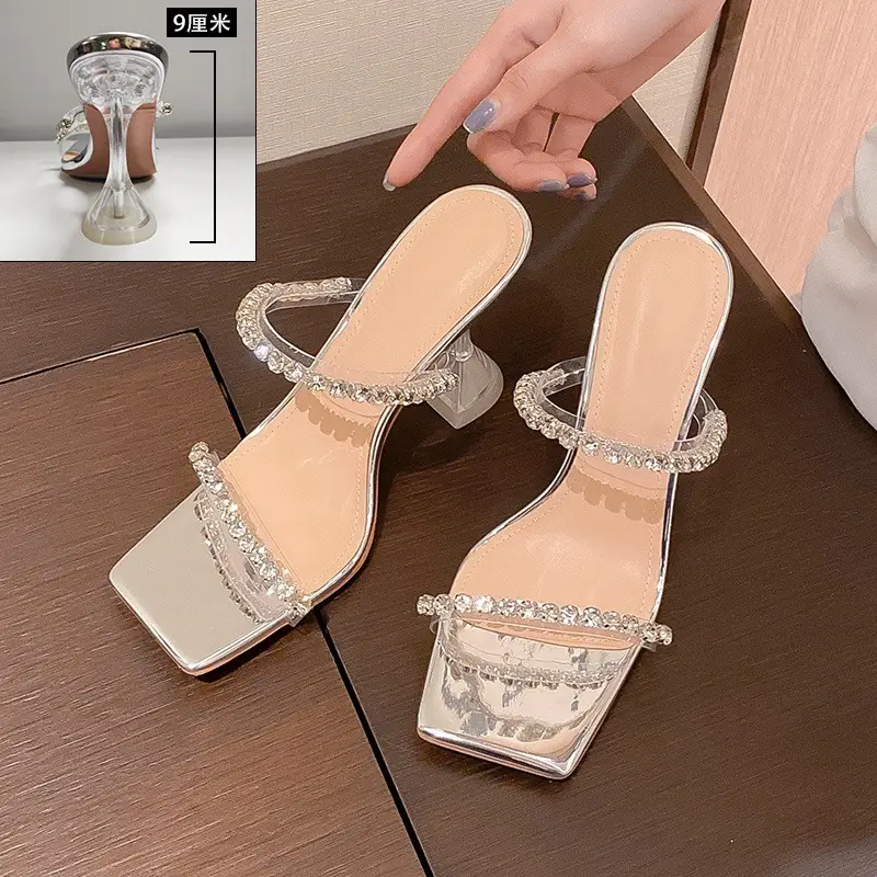 Square Toe Rhinestone Slippers 2025 Summer