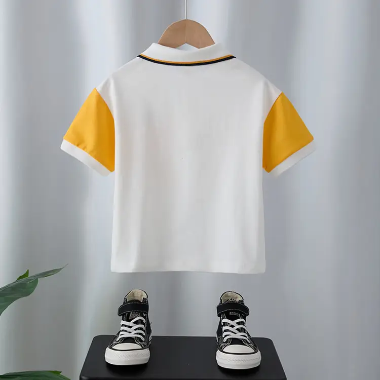 Boys White Polo Shirt with Yellow Sleeve Straps - Image 3