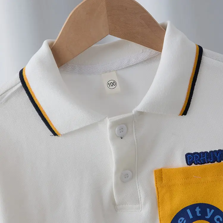 Boys White Polo Shirt with Yellow Sleeve Straps - Image 4