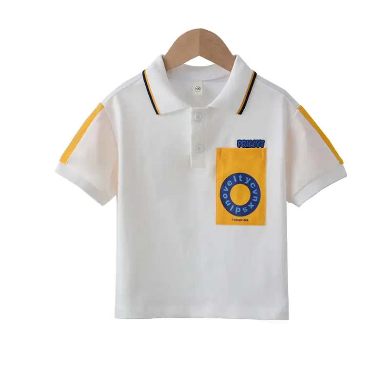 Boys White Polo Shirt with Yellow Sleeve Straps - Image 6