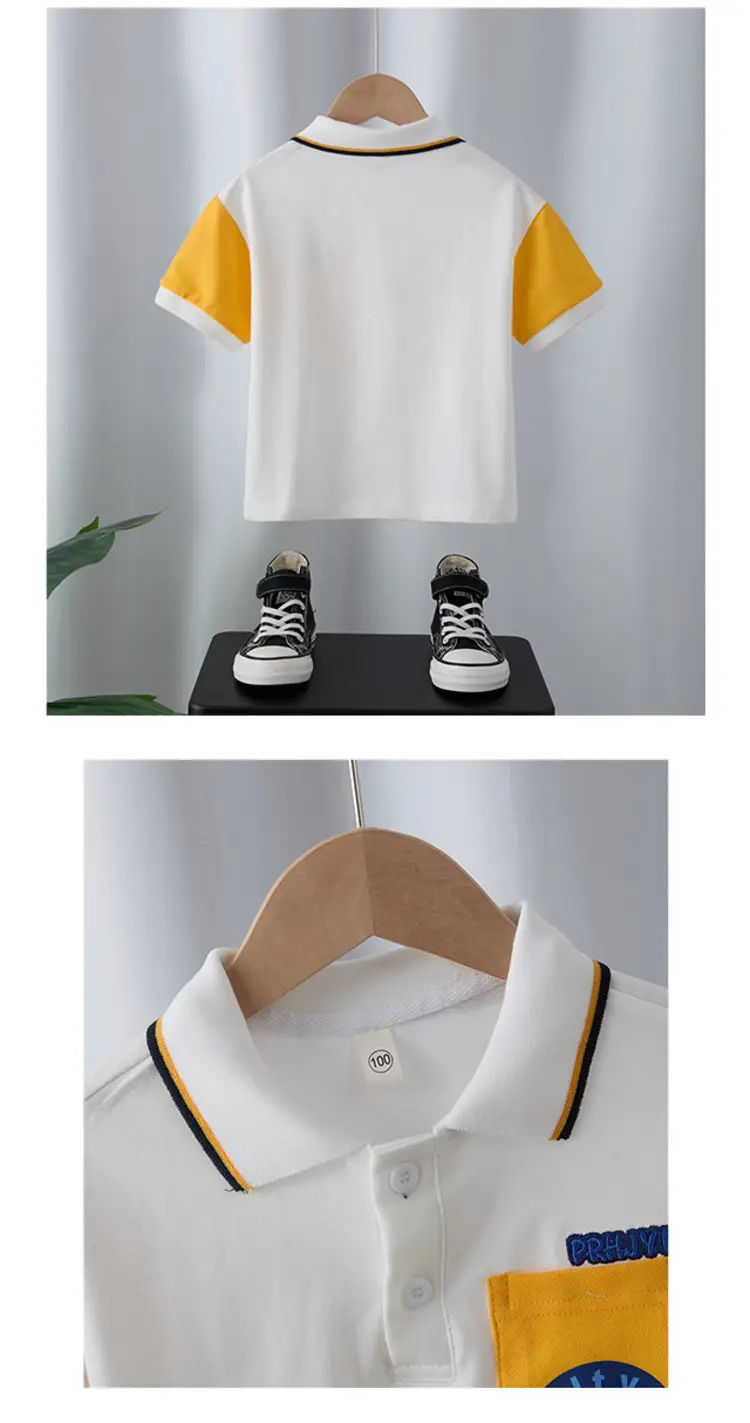 Boys White Polo Shirt with Yellow Sleeve Straps — feature 13