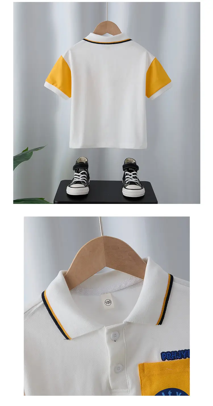 Boys White Polo Shirt with Yellow Sleeve Straps — feature 21