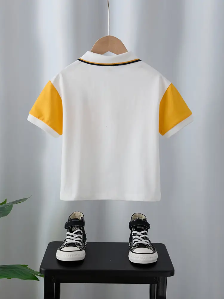 Boys White Polo Shirt with Yellow Sleeve Straps — feature 26