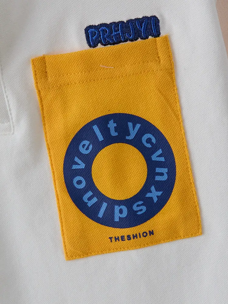 Boys White Polo Shirt with Yellow Sleeve Straps — feature 28