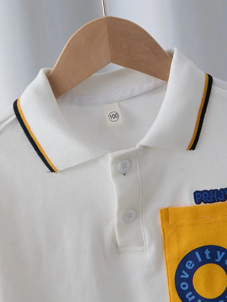 Boys White Polo Shirt with Yellow Sleeve Straps — feature 29