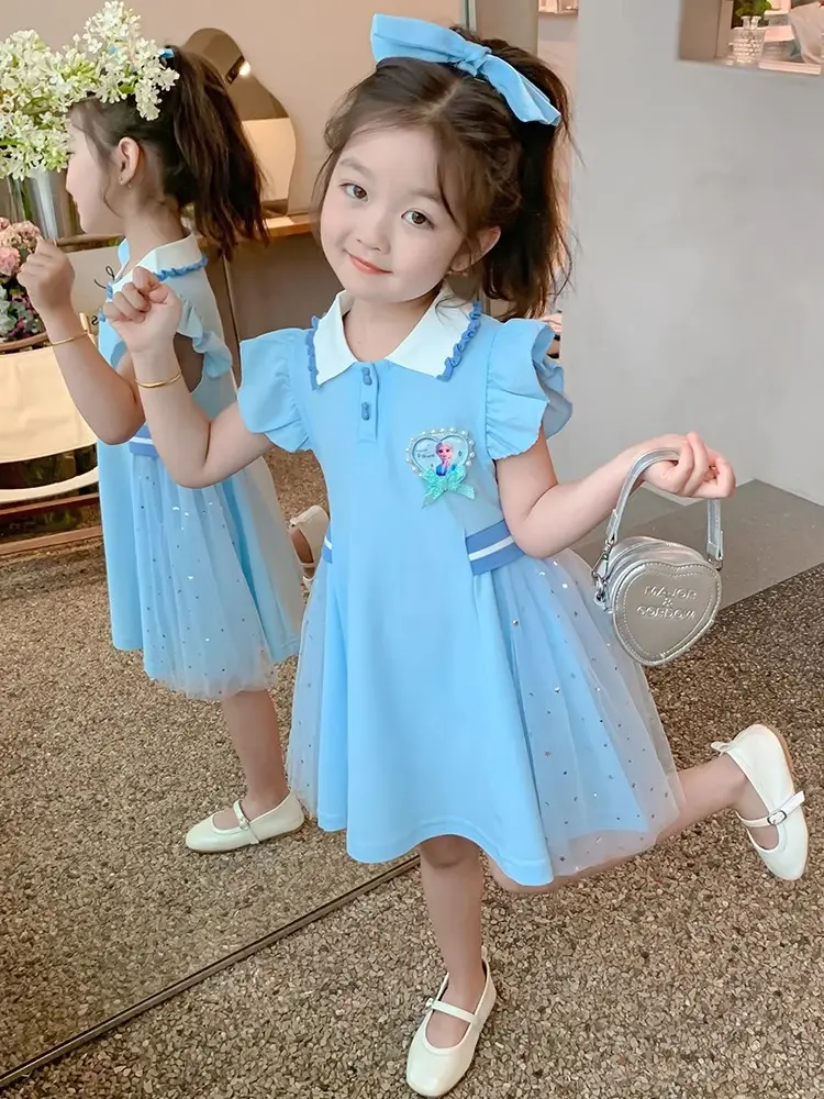 Elsa Princess Dress 2025 New Children's Summer Short-Sleeved Polo Skirt Girls Summer College Style Dress
