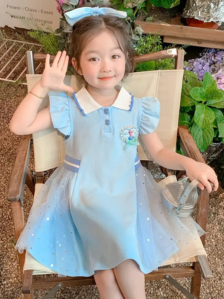Elsa Princess Dress 2025 New Children's Summer Short-Sleeved Polo Skirt Girls Summer College Style Dress