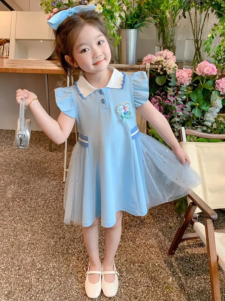 Elsa Princess Dress 2025 New Children's Summer Short-Sleeved Polo Skirt Girls Summer College Style Dress