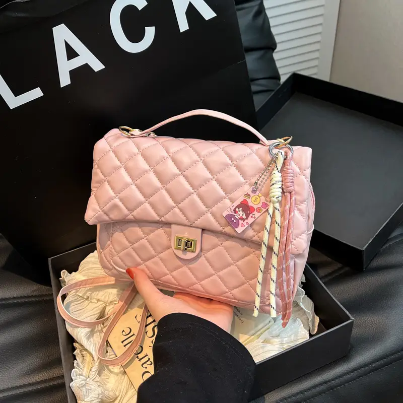 Women's Cream Quilted Shoulder Bag with Tassel & Chain - Image 10