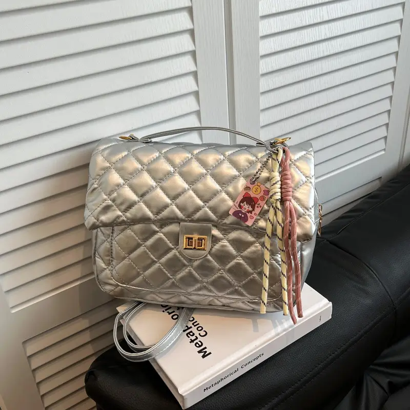 Women's Cream Quilted Shoulder Bag with Tassel & Chain - Image 11