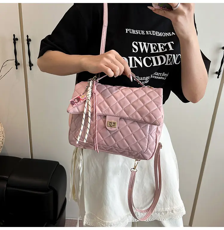 Women's Cream Quilted Shoulder Bag with Tassel & Chain — feature 14