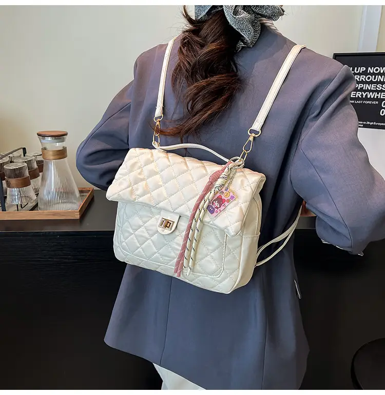 Women's Cream Quilted Shoulder Bag with Tassel & Chain — feature 15