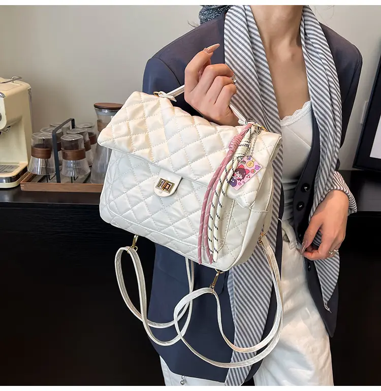 Women's Cream Quilted Shoulder Bag with Tassel & Chain — feature 16