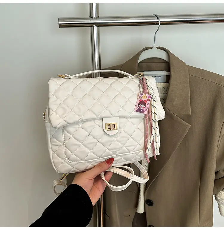 Women's Cream Quilted Shoulder Bag with Tassel & Chain — feature 22