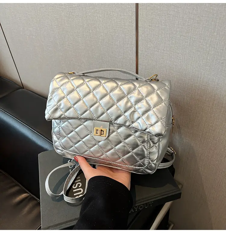 Women's Cream Quilted Shoulder Bag with Tassel & Chain - Image 3