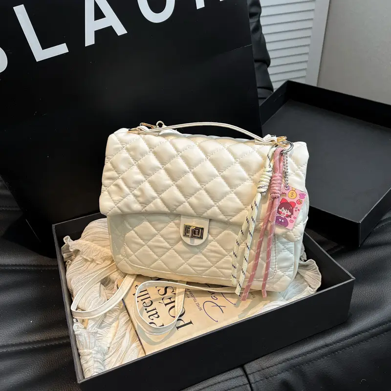 Women's Cream Quilted Shoulder Bag with Tassel & Chain - Image 6