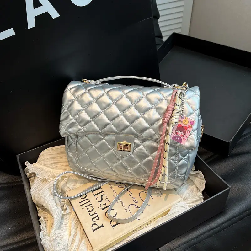 Women's Cream Quilted Shoulder Bag with Tassel & Chain - Image 7