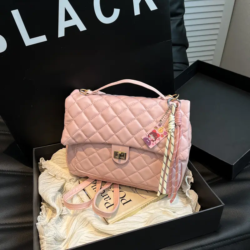 Women's Cream Quilted Shoulder Bag with Tassel & Chain - Image 8