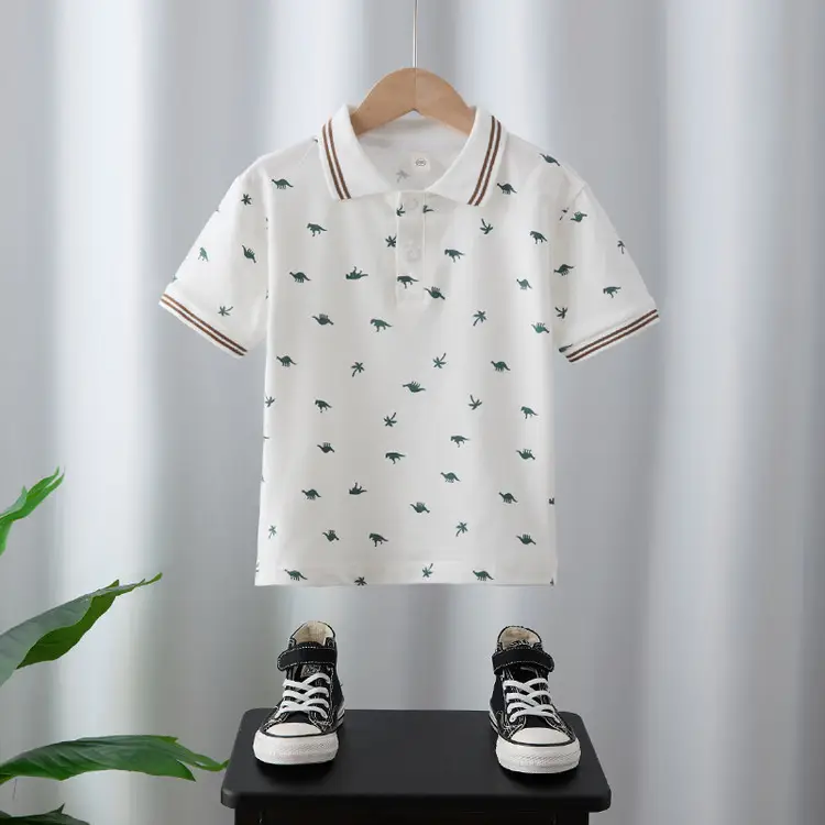 Boys' White Bird Print Polo Shirt Set Summer Kids - Image 4