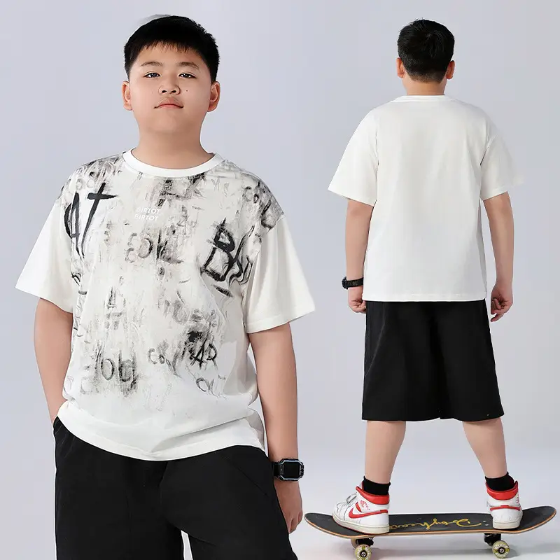 Chubby Boys Cotton T-Shirt White Graphic Summer Large - Image 4