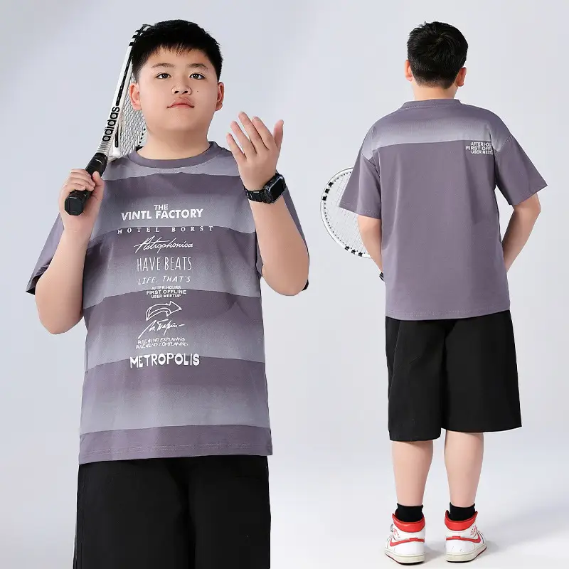 Fat Children T-Shirt Gray Striped Plus Size - Image 3