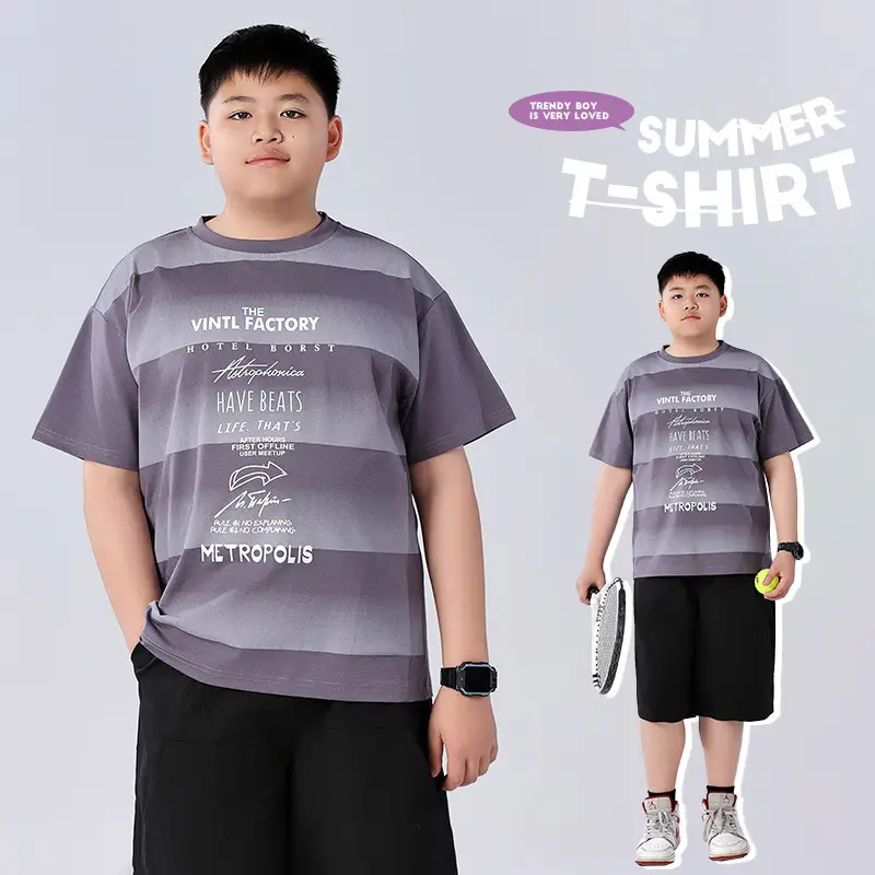 Fat Children T-Shirt Gray Striped Plus Size - Image 4