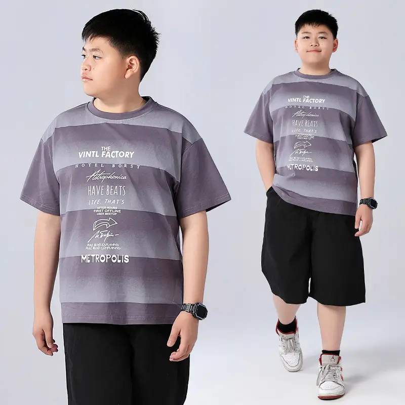 Fat Children T-Shirt Gray Striped Plus Size - Image 5